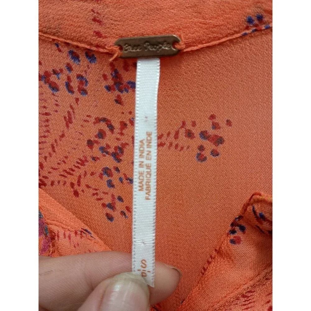 Free People Mini Dress Womens Small Orange Floral Boho Smocked Waist Long Sleeve - Picture 7 of 10